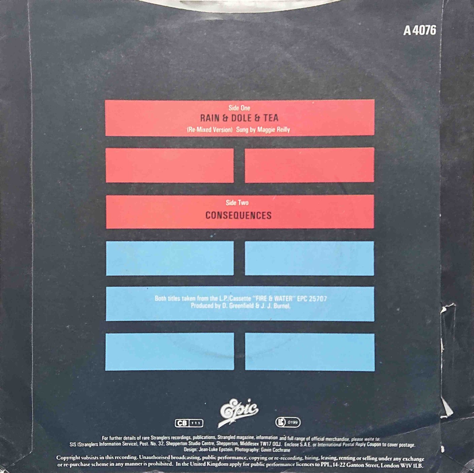 A 4076 Rain & dole & tea Jean Jacques Burnel / Dave Greenfield from The Stranglers Back cover of A 4076